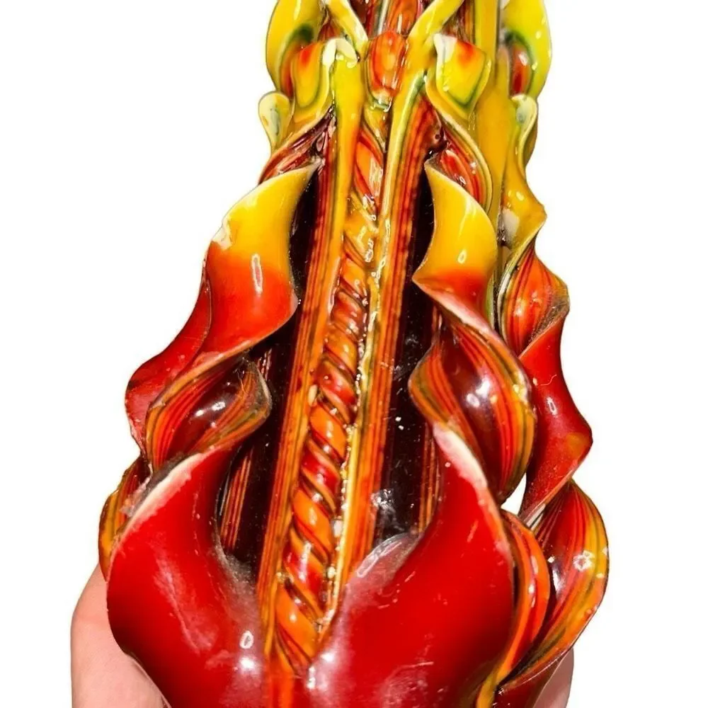 VINTAGE HAND CARVED CANDLE *RARE UNLIT layered 1970 yellow orange twirl fire